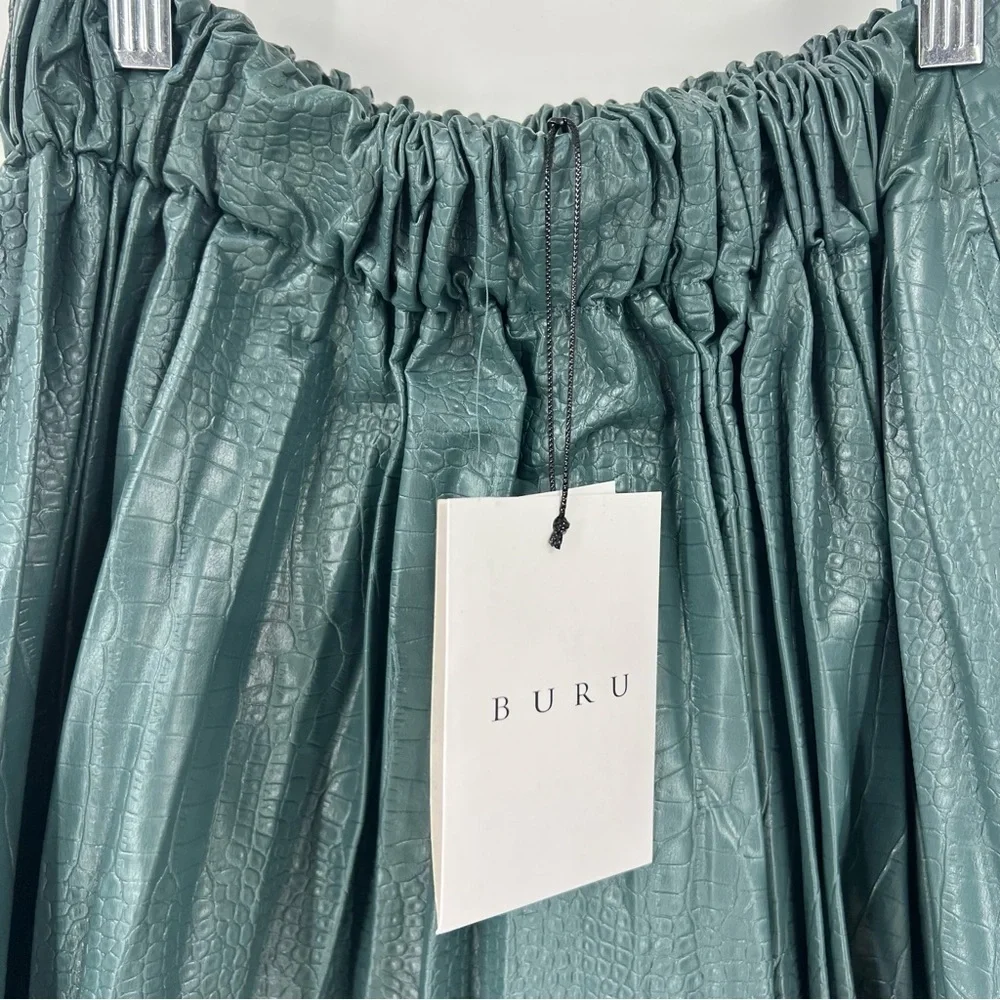 NWT Buru Faux Croc Pleated A-Line Skirt with Pockets XS/S Teal Spring Party